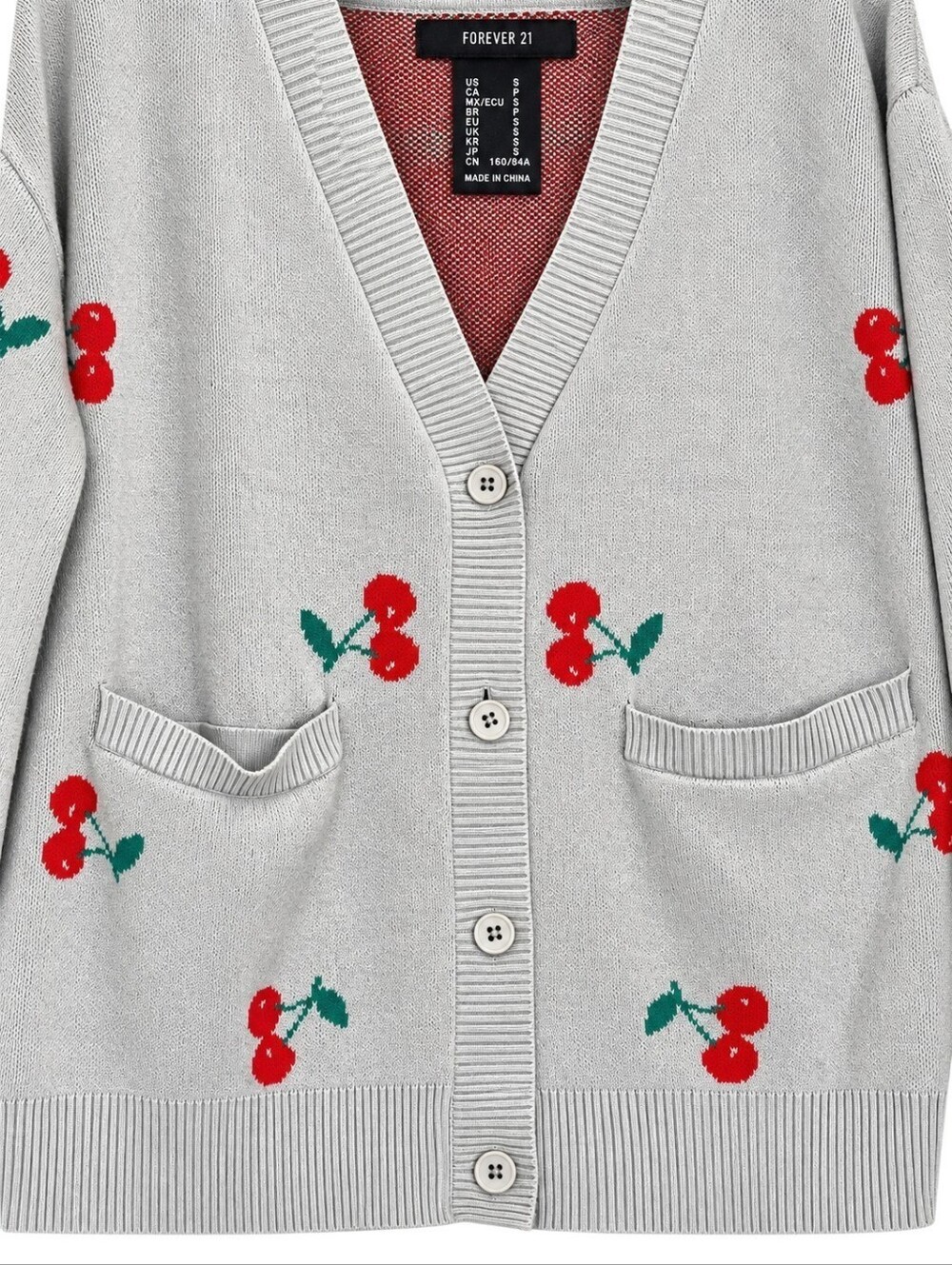 Cherry Print Cardigan Sweater Gray Red Coquette Y2K S Twee Fruitcore Retro Indie - Picture 2 of 6